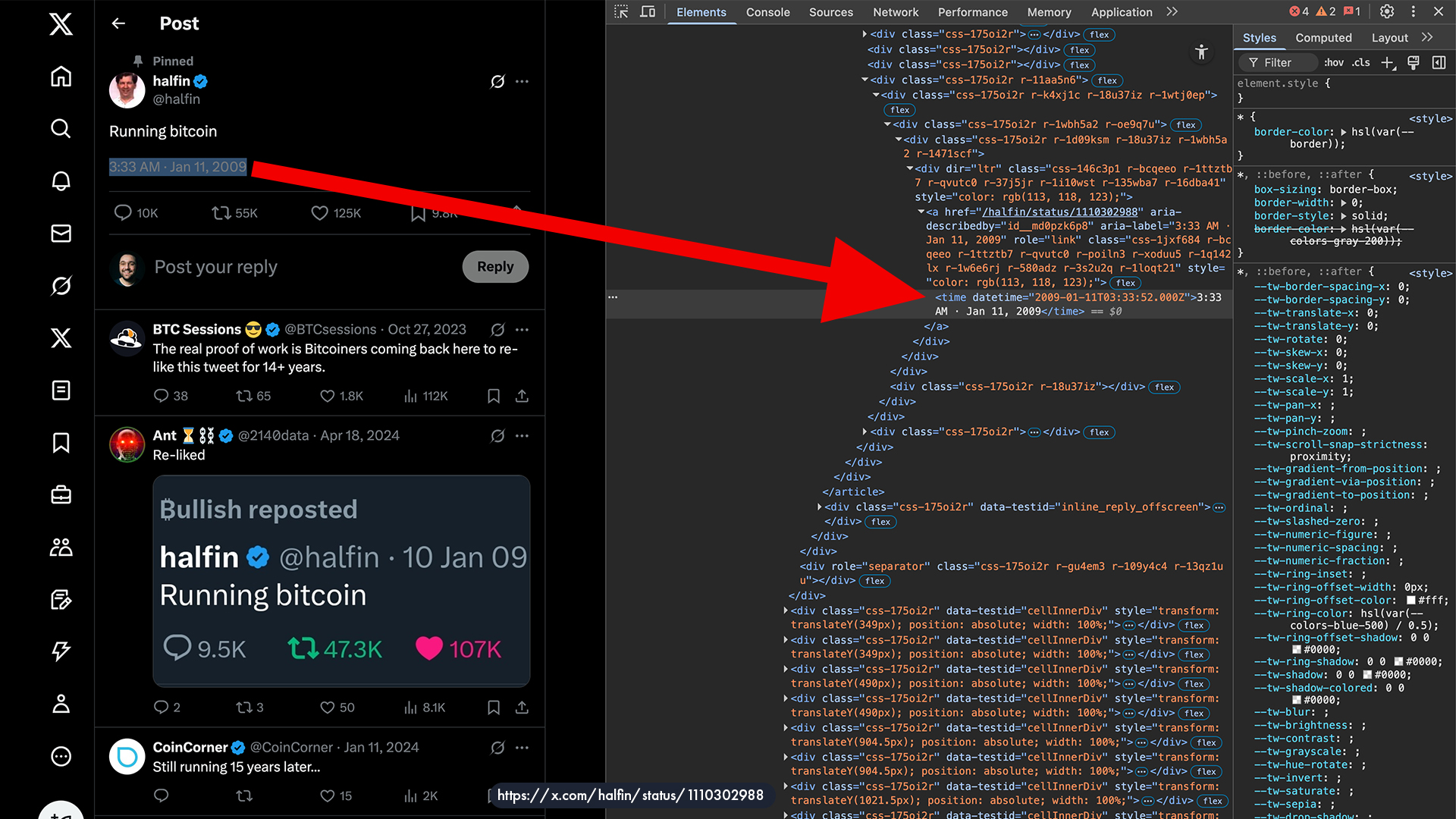 Hal Finney’s “Running Bitcoin” tweet on January 11, 2009, Time zone inspection zulu UTC +0
